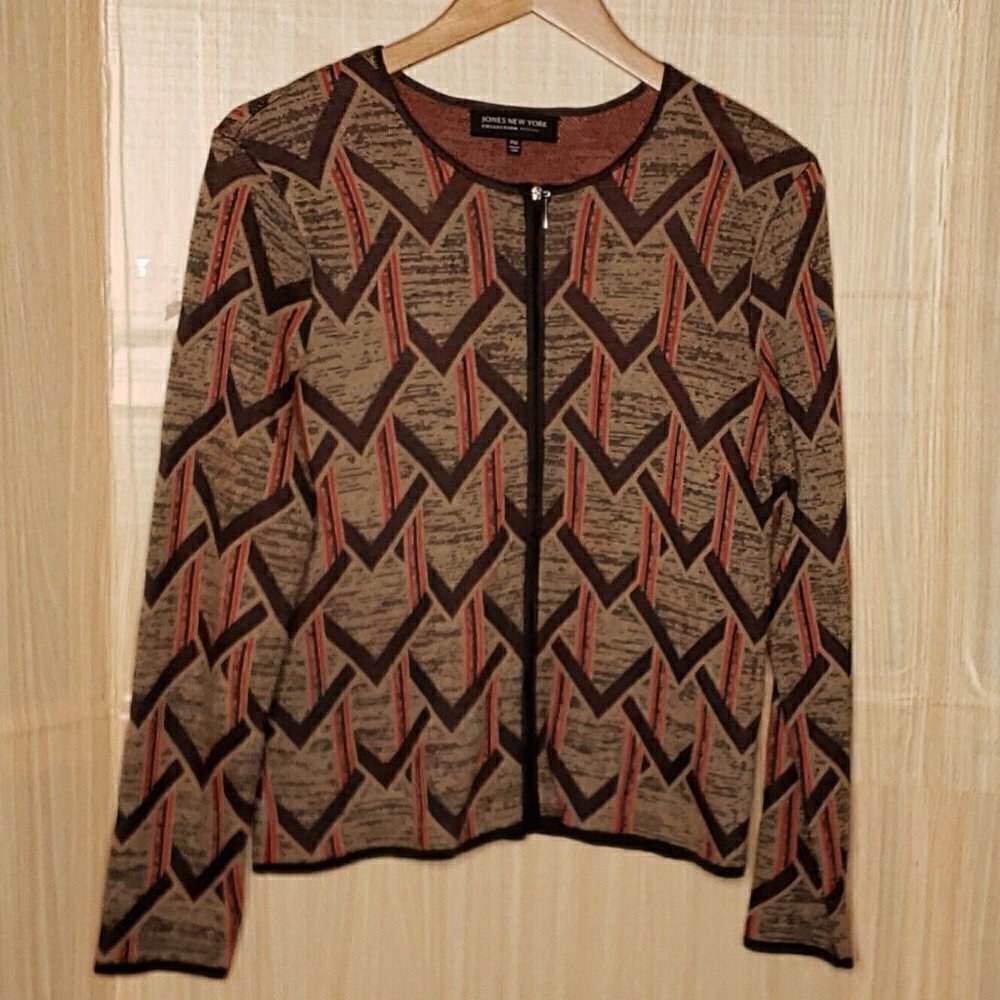 Jones New York Petite Heavy Knit Brown Full Zip Abstract Cardigan Sweater MP